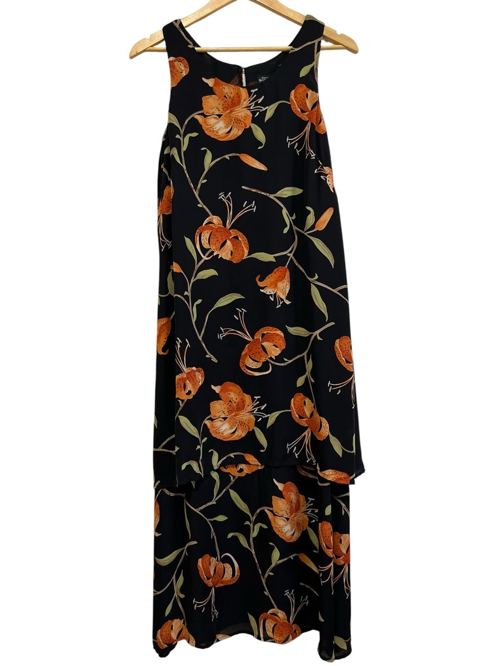 Vtg The J. Peterman Co. Black Silk Floral Layered Sleeveless Midi Dress Size 8